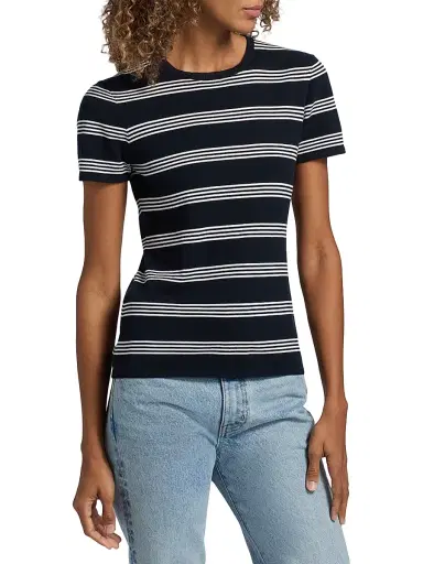 Nili Lotan Women's Lanise Striped Short-Sleeve Sweater - Dark Navy Ivory Stripe - Size XL | Thumbnail 4