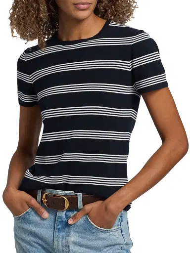 Nili Lotan Women's Lanise Striped Short-Sleeve Sweater - Dark Navy Ivory Stripe - Size XL | Thumbnail 6