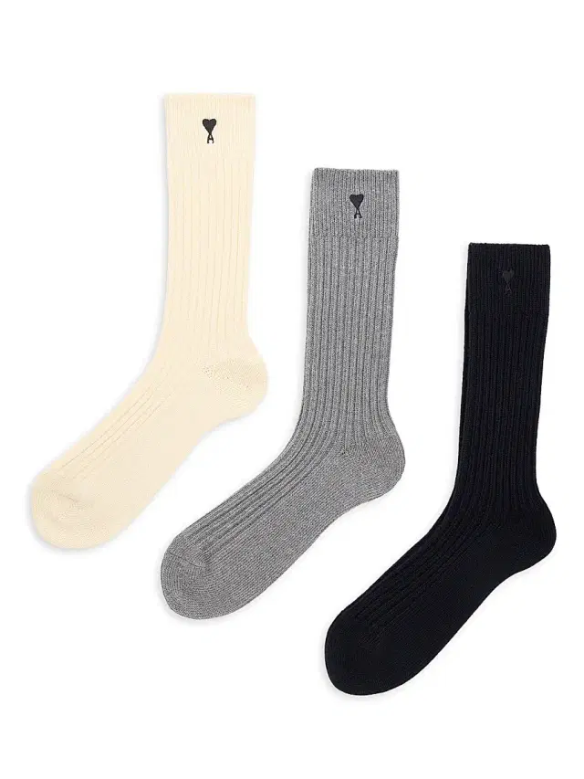 AMI Paris Men's Quota Rib-Knit Cotton-Blend Socks 3-Pack - Ecru Gris Noir