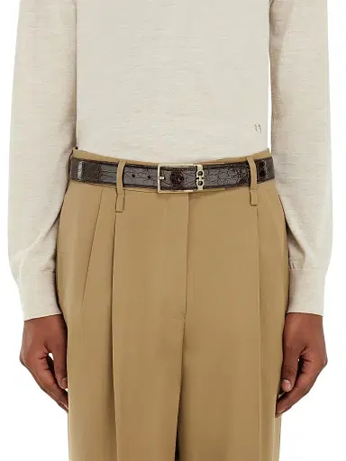 Ferragamo Men's Double Adjustable Croc-Embossed Belt - Dark Brown Naturale - Size 36 | Thumbnail 2