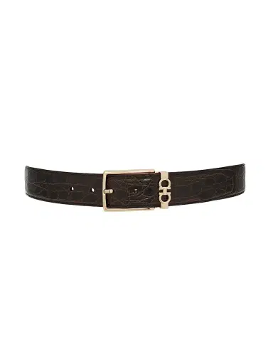 Ferragamo Men's Double Adjustable Croc-Embossed Belt - Dark Brown Naturale - Size 36 | Thumbnail 3