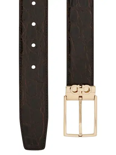 Ferragamo Men's Double Adjustable Croc-Embossed Belt - Dark Brown Naturale - Size 36 | Thumbnail 4