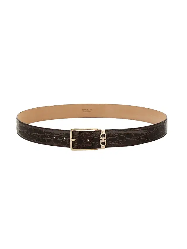 FERRAGAMO Men's Double Adjustable Croc-Embossed Belt - Dark Brown Naturale