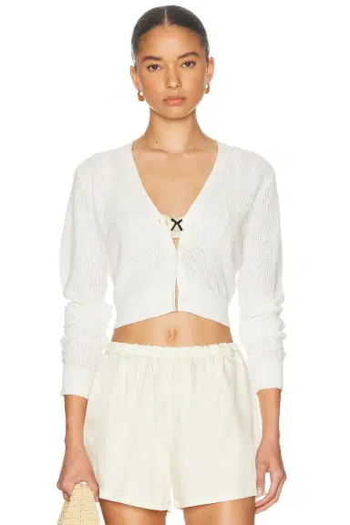 ENZA COSTA Linen Open Knit Cropped V Neck Cardigan | Thumbnail 1 ENZA COSTA Linen Open Knit Cropped V Neck Cardigan | Thumbnail 1