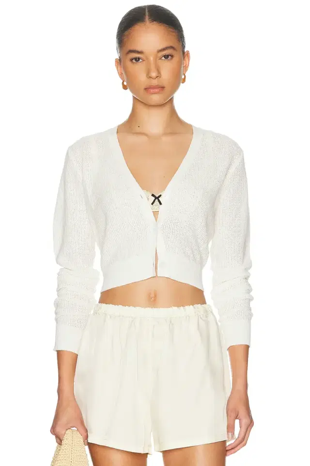 Enza Costa Linen Open Knit Cropped V Neck Cardigan