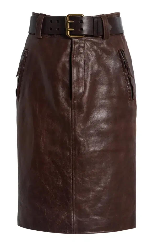 Belted High-Rise Leather Midi Skirt