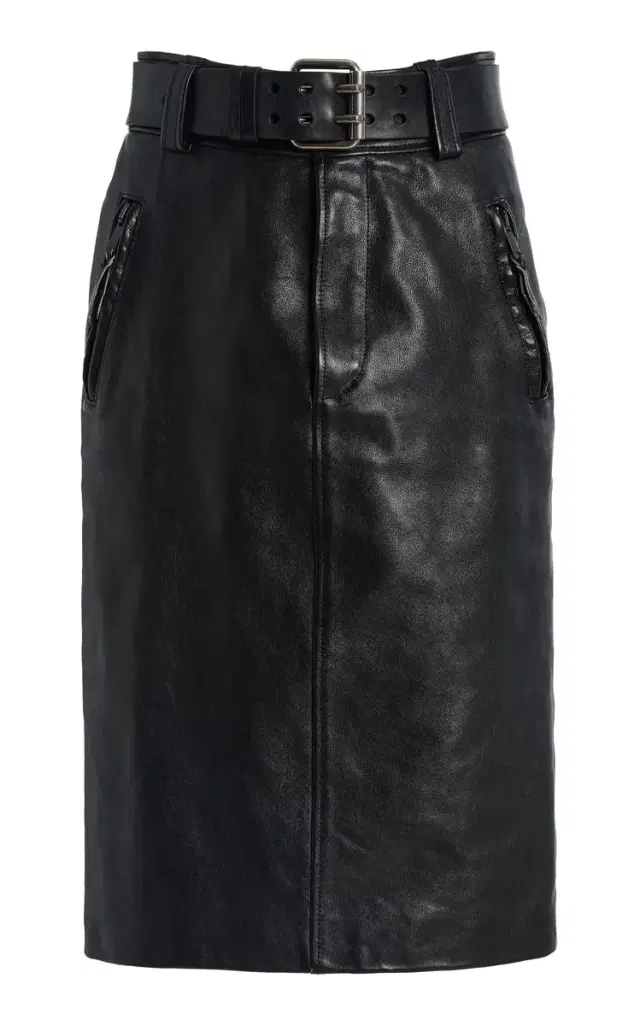 Belted High-Rise Leather Midi Skirt