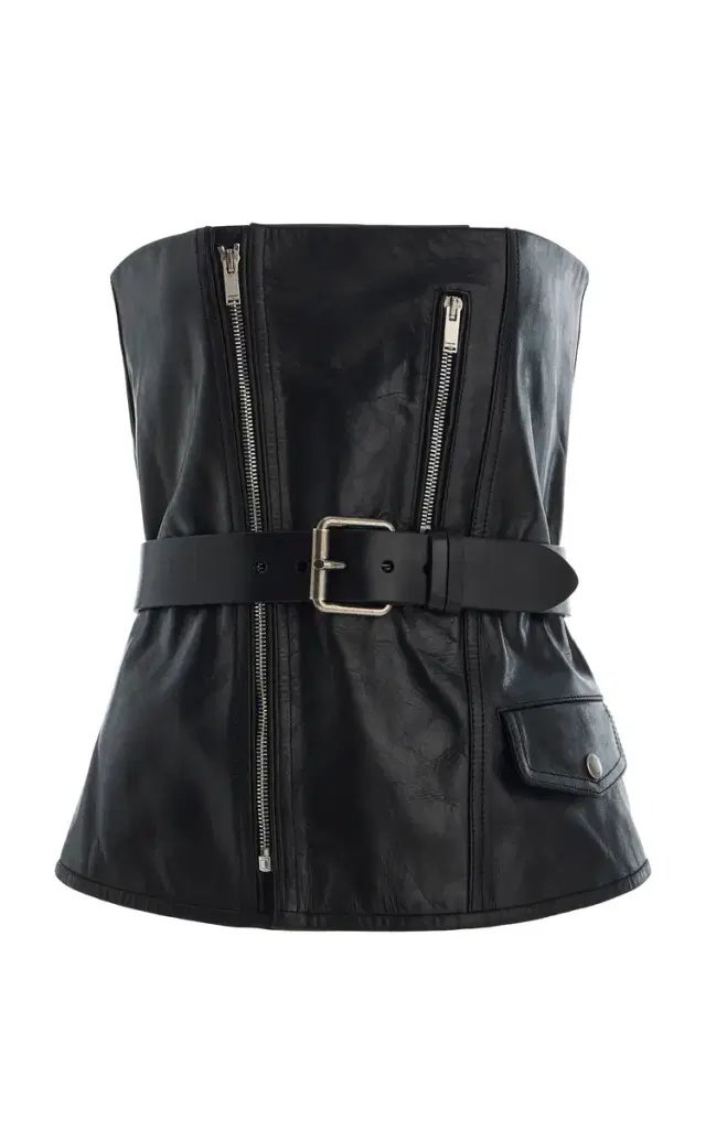 Strapless Belted Leather Biker Bustier Top