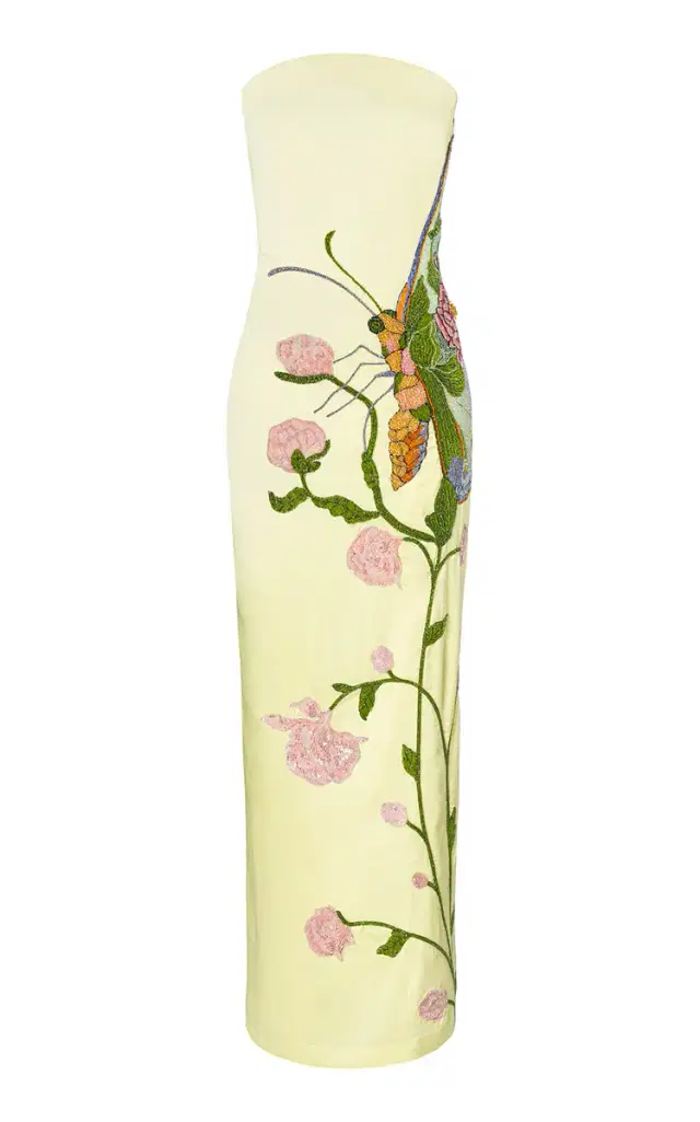 Whispering Wings Tapestry Embroidered Silk Satin Maxi Dress