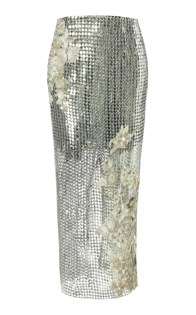 La Fuori Silver Ice Weave Sequined Midi Skirt