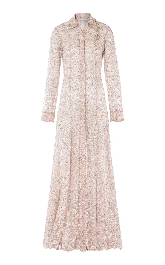 La Fuori Ballet Rose Embellished Lace Maxi Shirt Dress