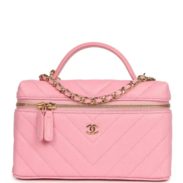 Chanel Chanel Chevron Top Handle Long Vanity Case with Chain Pink Shiny Caviar Gold Hardware