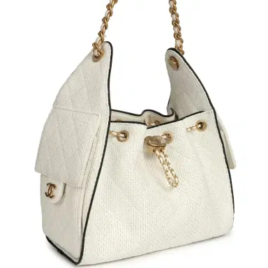 Chanel Chanel Small 25 Hobo Bag White Raffia and Black Calfskin Antique Gold Hardware | Thumbnail 2