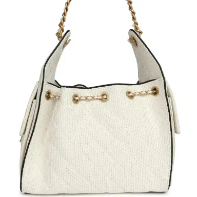 Chanel Chanel Small 25 Hobo Bag White Raffia and Black Calfskin Antique Gold Hardware | Thumbnail 4