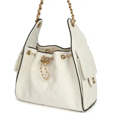Chanel Chanel Small 25 Hobo Bag White Raffia and Black Calfskin Antique Gold Hardware | Thumbnail 5