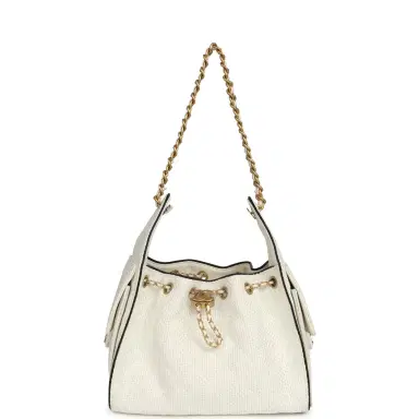 Chanel Chanel Small 25 Hobo Bag White Raffia and Black Calfskin Antique Gold Hardware | Thumbnail 7