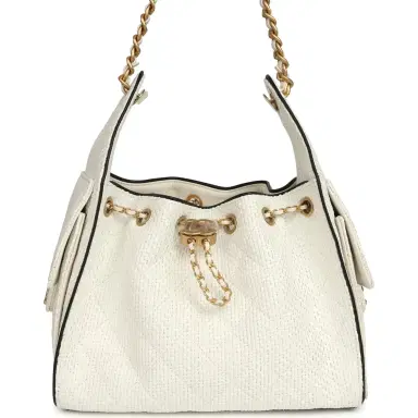 Chanel Chanel Small 25 Hobo Bag White Raffia and Black Calfskin Antique Gold Hardware | Thumbnail 1