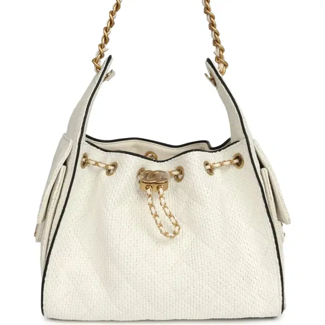 Chanel Chanel Small 25 Hobo Bag White Raffia and Black Calfskin Antique Gold Hardware