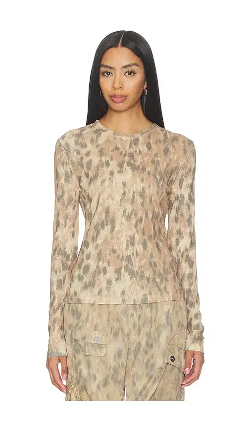 Ganni Printed Marl Mesh Long Sleeve Top