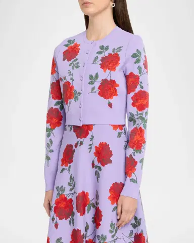 Carolina Herrera Rose Jacquard Crop Crewneck Cardigan | Thumbnail 3 Carolina Herrera Rose Jacquard Crop Crewneck Cardigan | Thumbnail 3