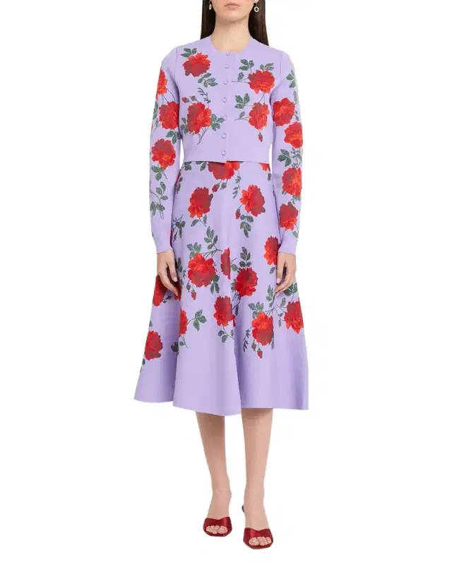 Rose Jacquard Crop Crewneck Cardigan