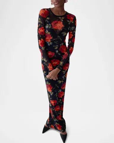 Carolina Herrera Rose-Print Mesh Long-Sleeve Maxi Dress | Thumbnail 3 Carolina Herrera Rose-Print Mesh Long-Sleeve Maxi Dress | Thumbnail 3