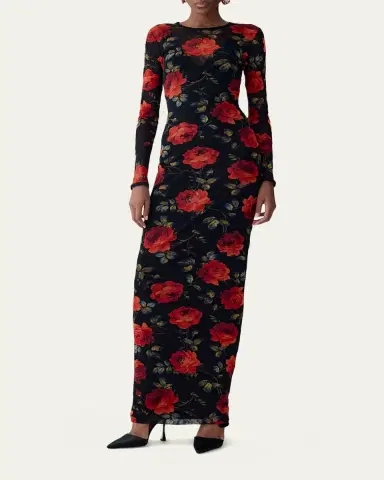Carolina Herrera Rose-Print Mesh Long-Sleeve Maxi Dress | Thumbnail 5 Carolina Herrera Rose-Print Mesh Long-Sleeve Maxi Dress | Thumbnail 5