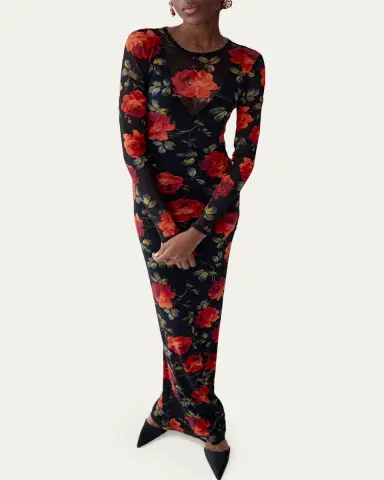 Carolina Herrera Rose-Print Mesh Long-Sleeve Maxi Dress | Thumbnail 7 Carolina Herrera Rose-Print Mesh Long-Sleeve Maxi Dress | Thumbnail 7