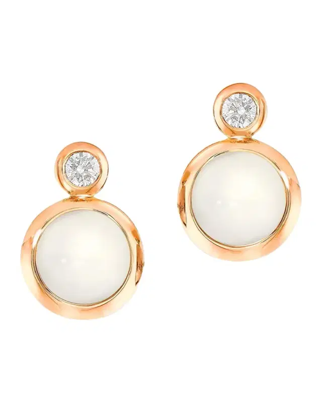 18K Rose Gold Bouton Stud Earrings with Moonstone and Diamond