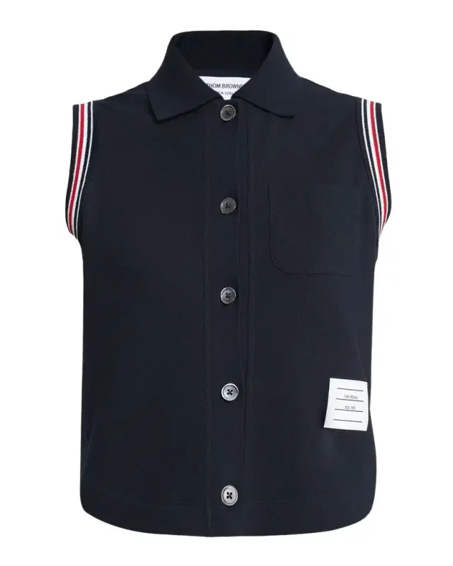 Cotton Pique Sleeveless Button-Down Top