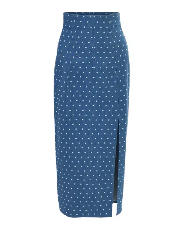 Polka-Dot Denim Slit Midi Skirt
