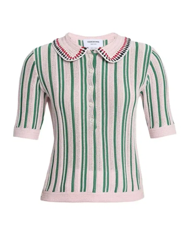 Striped Crochet Short-Sleeve Polo Shirt
