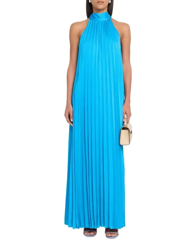 Beverly Pleated Trapeze Halter Gown