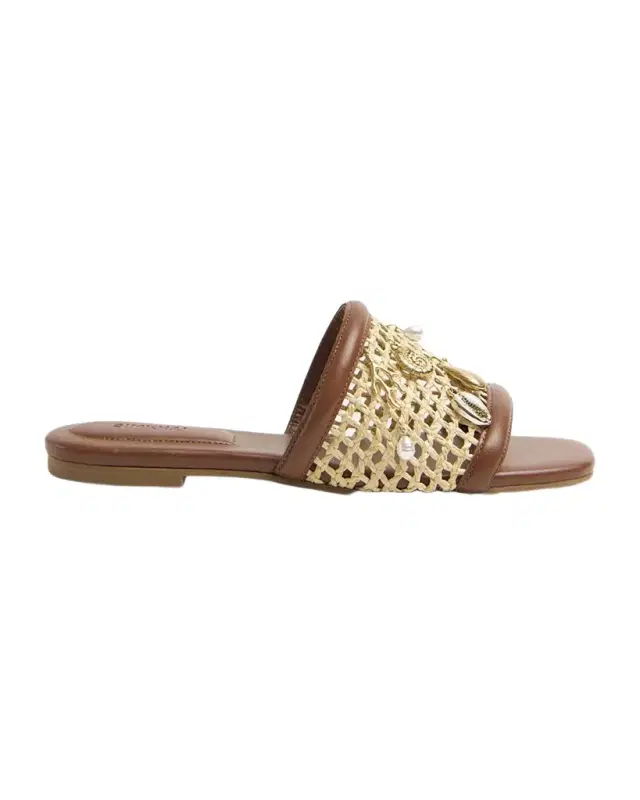 SIMKHAI Caspian Raffia Netted Leather Flat Sandals