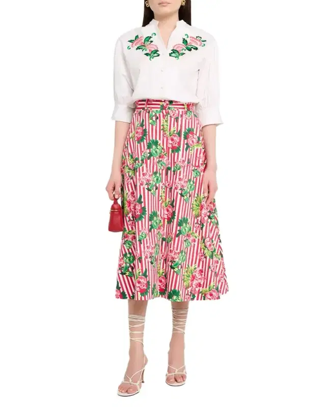 Kali-C Floral Stripe A-Line Midi Skirt