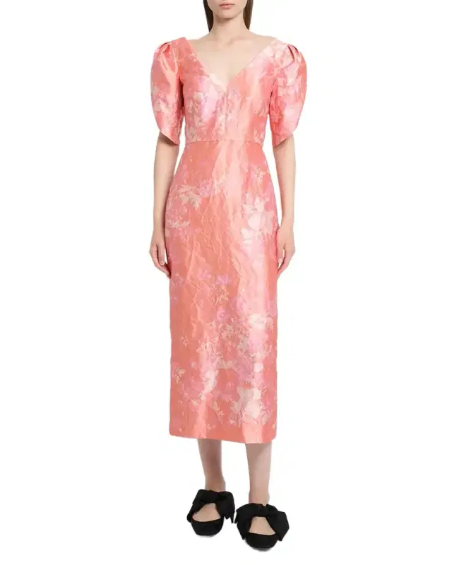 Floral-Print Textured Satin Midi Dress