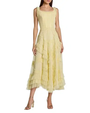 Mac Duggal Mesh Ruffled Scoopneck Midi-Dress | Thumbnail 1 Mac Duggal Mesh Ruffled Scoopneck Midi-Dress | Thumbnail 1