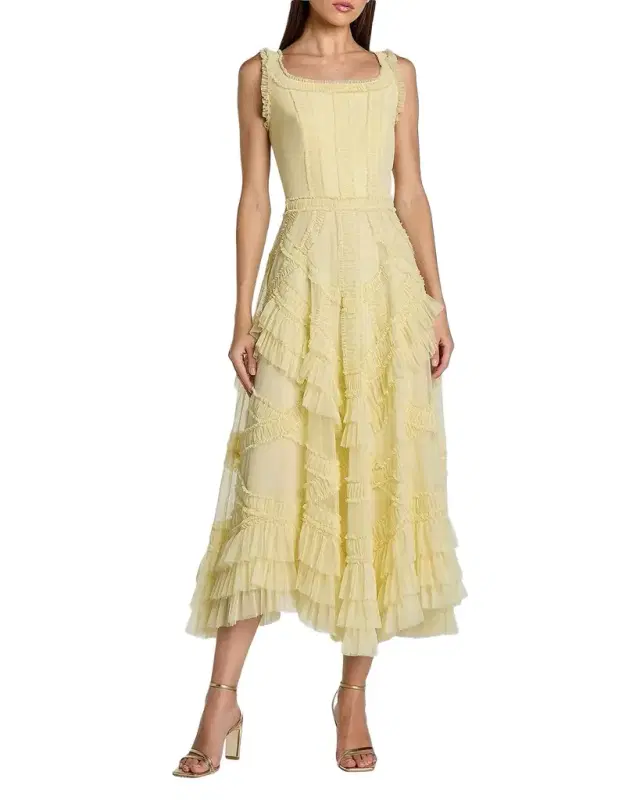 Mac Duggal Mesh Ruffled Scoopneck Midi-Dress