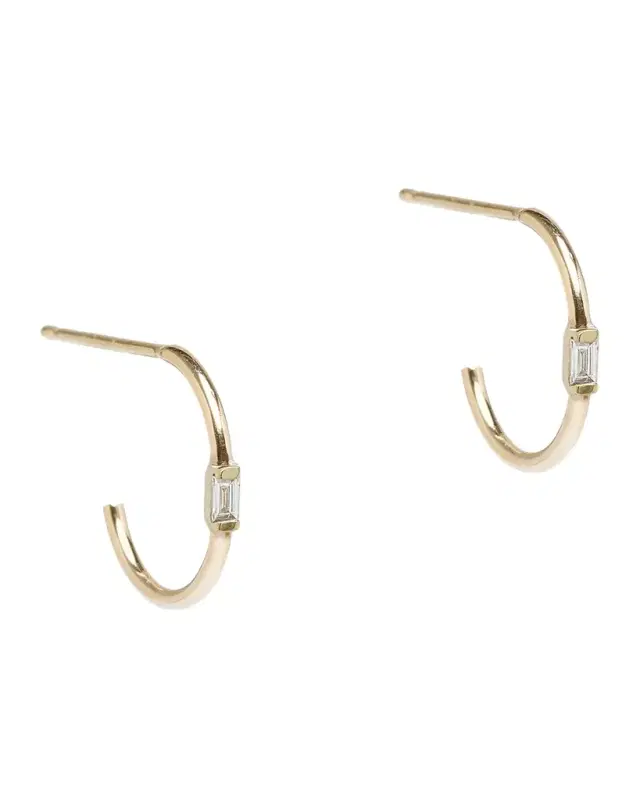 14K Yellow Gold Diamond Baguette Hoop Earrings