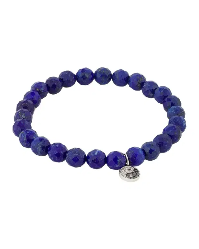 14K White Gold, Lapis Lazuli & 0.08 TCW Diamond Yin & Yang Beaded Stretch Bracelet
