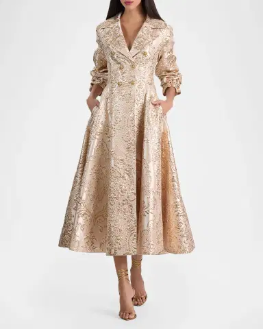 ALICE + OLIVIA Ellie Metallic Brocade Godet Trench Coat | Thumbnail 2 ALICE + OLIVIA Ellie Metallic Brocade Godet Trench Coat | Thumbnail 2