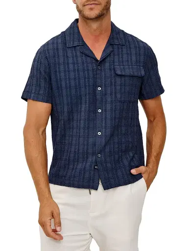 Rails Men's Rook Textured-Grid Seersucker Camp Shirt - Navy | Thumbnail 3