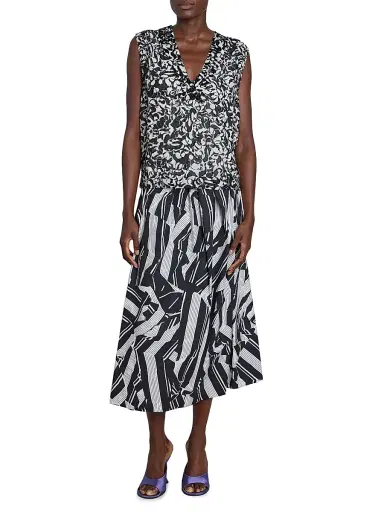 Dries Van Noten Women's Soni Pleated Abstract Cotton A-Line Midi-Skirt - Black | Thumbnail 2