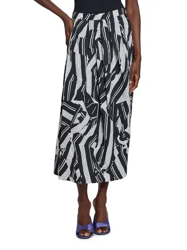 Dries Van Noten Women's Soni Pleated Abstract Cotton A-Line Midi-Skirt - Black | Thumbnail 3