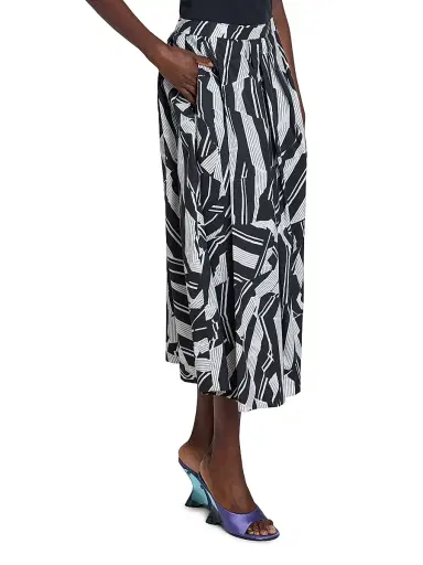Dries Van Noten Women's Soni Pleated Abstract Cotton A-Line Midi-Skirt - Black | Thumbnail 4