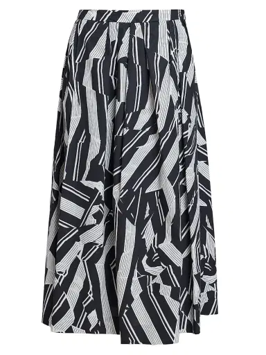 Dries Van Noten Women's Soni Pleated Abstract Cotton A-Line Midi-Skirt - Black | Thumbnail 1