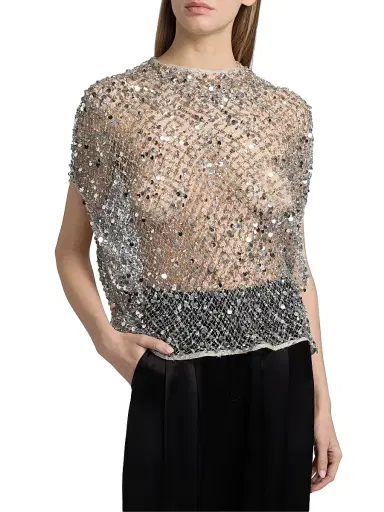 Lapointe Women's Net Mesh Sequin Cape T-Shirt - Silver - Size Large | Thumbnail 3