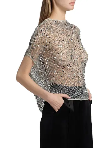 Lapointe Women's Net Mesh Sequin Cape T-Shirt - Silver - Size Large | Thumbnail 4