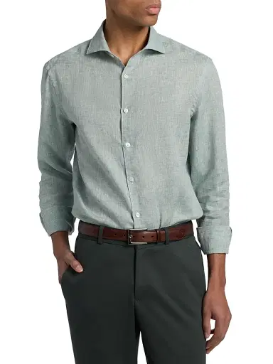 Canali Men's Solid Linen Sport Shirt - Teal | Thumbnail 3 Canali Men's Solid Linen Sport Shirt - Teal | Thumbnail 3