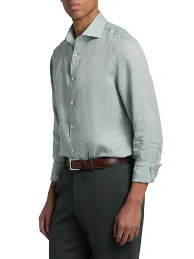 Canali Men's Solid Linen Sport Shirt - Teal | Thumbnail 4 Canali Men's Solid Linen Sport Shirt - Teal | Thumbnail 4